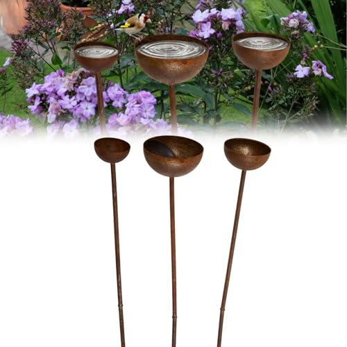 3 Pcs Vintage Metal Bird Bath Stakes for Garden, Decorative Outdoor Bird Bath Bowl Set, Rustic Rain Catcher Garden Art for Birds Butterflies Patio Lawn Flower Bed Decor (1-Tiered) - style: 1-tiered