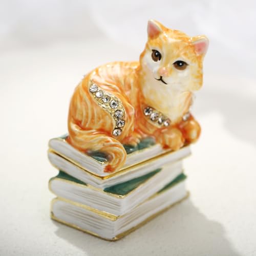 Hand Painted Enameled Cute Cat Trinket Box, Hinged Unique Mini Ring Necklace Jewelry Organizer, Classical Bejeweled Storage, Figurine Collectible Keepsake Home Decor (Cat on Book) - color: Cat on Book