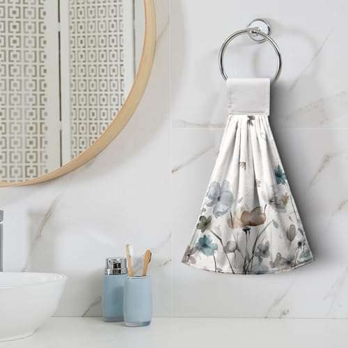 Watercolor Floral Hanging Kitchen Towels Set of 2 Spring Summer Grey Flowers Hand Towel with Hanging Loop Wildflower Daisy Dish Towel Soft Absorbent Bath Tie Towel for Bathroom Farmhouse - color: Flower-a