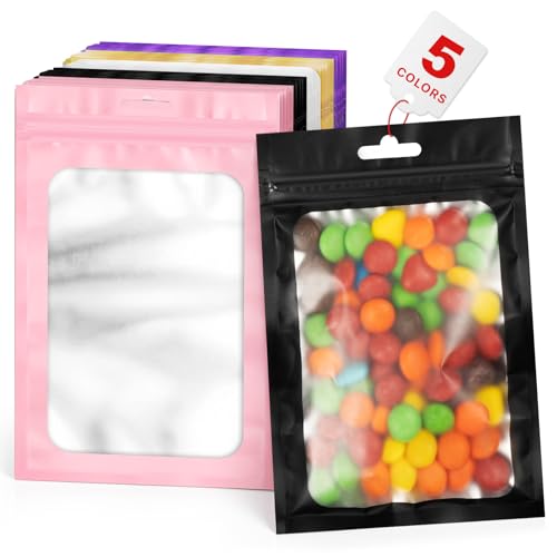ANZNKU 100 Pcs Colorful Mylar Bags, Resealable Smell Proof Small Foil Pouch | 5Colors, 2.75x3.93", Frosted Clear Window, Plastic Packaging Bag for Small Business Candy Jewelry Treat, Seal Zip Baggies - color: 5 Colors -1, size: 2.75×3.93 inches