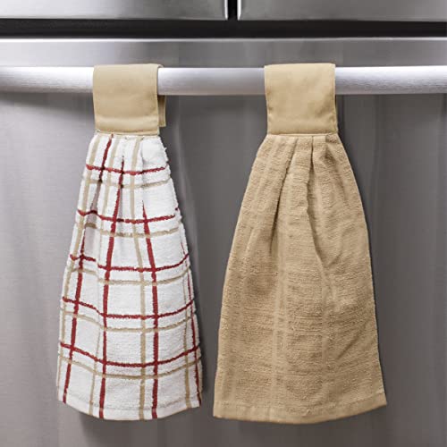 Ritz Premium 100% Cotton Solid and Multi Check Kitchen Tie Towel Absorbent, Super Soft, and Fast Drying Hang Towel, Set of Three, Biscotti - color: Biscotti, size: Solid & Multi Check - 3 Piece