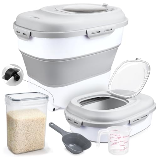 Rice Storage Bin Cereal Containers, 13-50lb Collapsible Rice Container Dispenser with Transparent Lid, Rolling Wheels, Measuring Cup and Scoop, Airtight Dog Cat Pet Food Storage Container White - color: White