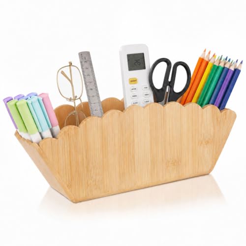 Jetec Scalloped Bamboo Wooden Pencil Holder, Wooden Desk Organizer with 4 Compartment for Pens, Markers, Makeup Brushes, Remote Controls, Silverware, Decorative Cute Desktop Organizer for Office Home - color: Natural