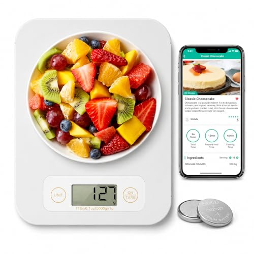 URAMAZ Smart Food Scale with Nutritional Calculator, Digital Kitchen Scale with Bluetooth App for Weight Loss, Food Weight Scale for Diet, Keto, Macro, Calories Counting, Tracking, 11lb - color: White