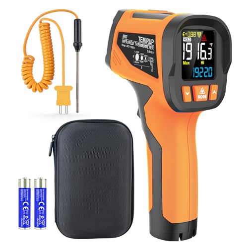 -40℉ to 1922℉ TEMIRUP Infrared Thermometer Temperature Gun with Thermocouple Probe, 30:1 Pyrometer High Temp Thermometer for Cooking Oven, Engine, Kiln, Forging, Industrial, Adjustable Emissivity - color: Orange, size: IR07 -40℉ to 1922℉(-40℃-1050℃）