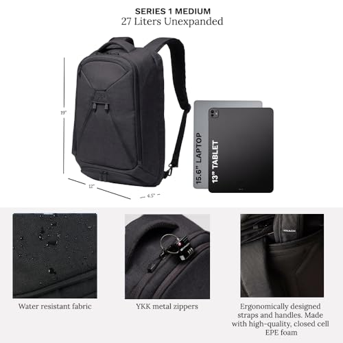 Knack Series 1 Laptop Backpack Fits up to 15 Inch - Knack Bags Carry-On Backpack, TSA Approved, Expandable Travel Backpacks With 3 Day Outfit Capacity (Stealth Black, Medium) - color: Black, size: Medium