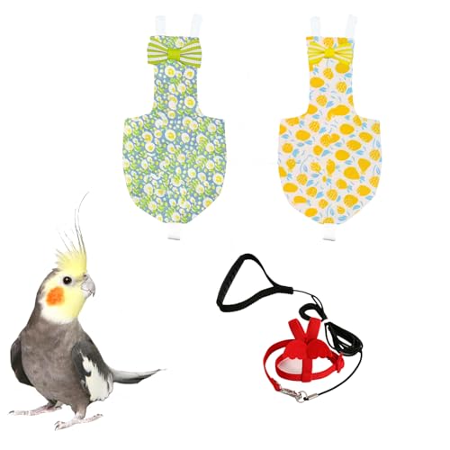 Bird Diaper with 78 Inch Flying Leash, Cute Fight Suite for Cockatiels(S) | 2 Pack Small Protective Parrot Nappy, Urine Wet Suit for Parakeets Conure Quakers, Waterproof Inner Layer, Machine Washable - color: Color 1, size: S