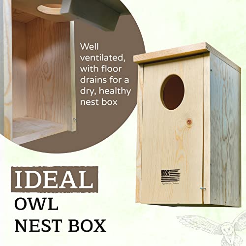 Made in USA, Wood Owl House with Oval Opening, Kestrel Bird Houses for Outside, Easy-to-Install Nesting Boxes for Screech, Boreal, Northern Saw Whet Owls, and American Kestrels - Applewood Outdoor