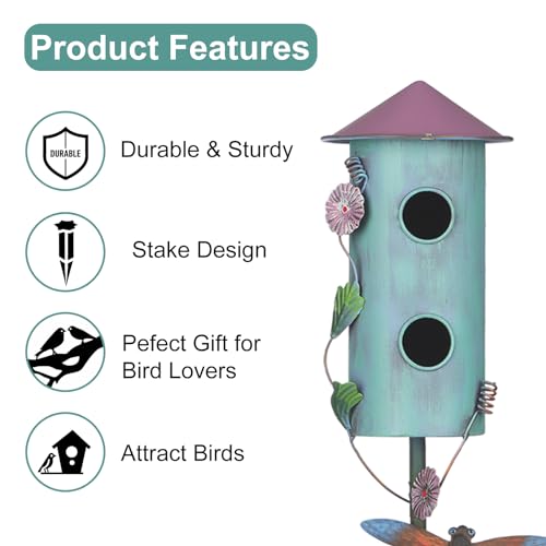 BAYN 57” Metal Bird House Stake for Outside Decorative | Rocket Design, Double-hole, Easy Assembly, Cleaning Door, Sturdy Wild Birdhouse on 5 Pronged Garden Stake Pole - style: Rocket Head