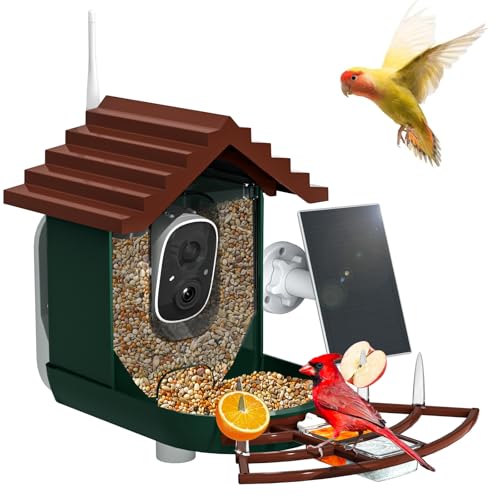 Smart Bird Feeder with Camera Solar Powered & AI Bi rd Identification, 2.4Ghz WiFi Bird feeders for Outdoors, 2K Live Video, Instant Arrival Alerts - Dark red-Green - color: Dark red-Green