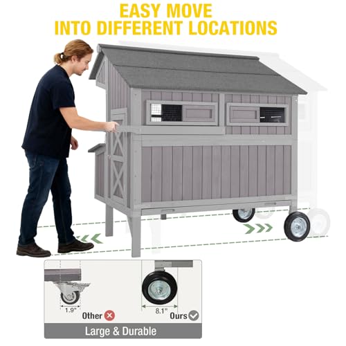 Large Chicken Coop with Wheels, Weatherproof Chicken Tractor with Asphalt Roof, Wooden Poultry Cage with Nesting Box & Removable Tray, Outdoor Hen House for 3-5 Chickens Backyard Farm - color: Grey, size: 48.6"L x 41.0"W x 51.2"H
