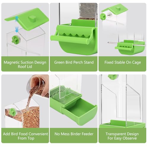 Yummy Sam Automatic Bird Feeder with Perch for Cage, No Mess Acrylic Transparent Bird Cage Feeder, Parrot Seed Feeders Food Container Cage Accessories for Small Medium Birds Parrot Cockatoo Canary - color: Green Clear