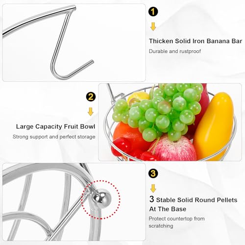 Livabber Countertop Fruit Basket Bowl with Banana Hanger, Modern Standing Fruit Vegetable Bowl Storage, with Banana Tree Holder for Kitchen Dinning Table (Round Metal, Chrome) - color: Chrome, style: Round Metal