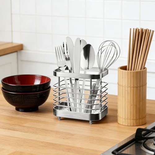 2 PCS Utensil Holder Stainless Steel Drying Rack Flatware Drainer Caddy | Kitchen Counter Cutlery Silverware Forks, Knives, Spoons, Chopsticks Organizer (Black, Silver)