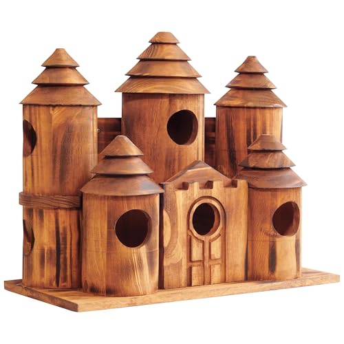 MIXUMON Wooden Bird Houses for Outside – 8 Rooms Castle-Style Bird House, Carbonized Pine Rustic Finish, 1.57" Entrance Holes, Decorative Outdoor Bird Nesting Box (Rustic, 8 Rooms)