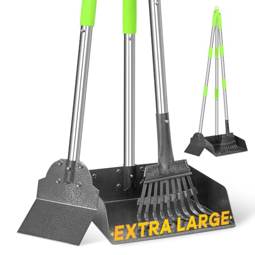 Larger Pooper Scooper, Dog Pooper Scooper for Large Medium Small Dogs Heavy Duty Long Handle Metal Tray Rake Shovel Set for Yard Grass - size: 1. Rake & Shovel & Large Tray
