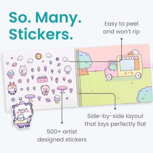 Cute Foods Around Town 500+ Sticker Book for Girls by Cupkin Toddler Airplane Activity Coloring + Sticker Book, Road Trip Essentials, 12 Coloring Pages + 12 Scenes for Ages 2–8 Years - color: Cute Foods