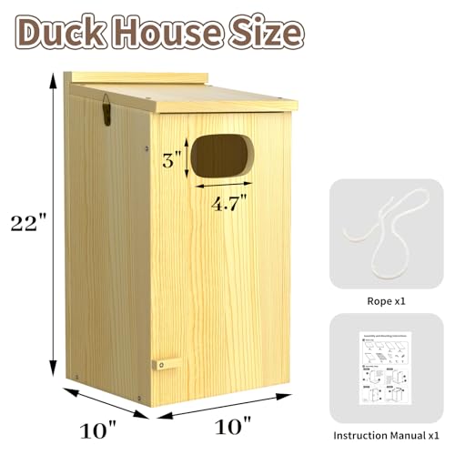 Duck House, Solid Wood Duck Houses for Outside, Included Hanging Rope, Outdoor Duck Nesting Box for Pond, 22" H x 10" D x 10" W, Nesting Pads Not Included