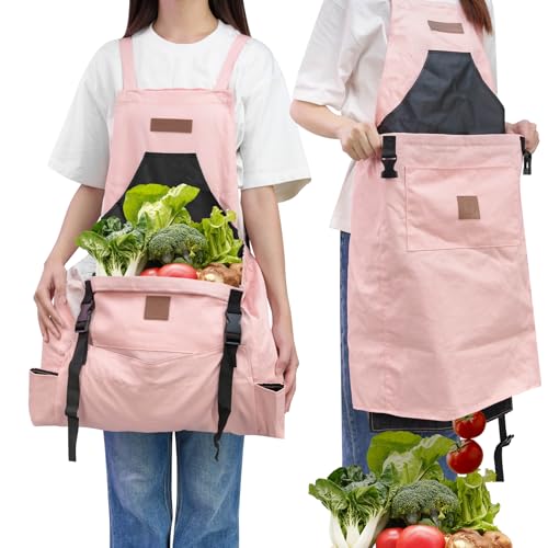 Berry&Bird Harvest Apron, Canvas Gardening Apron with Pockets and Harvesting Pouch Waterproof Harvesting Apron - color: Pink