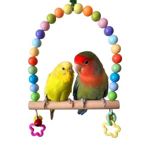 Large Bird Swing for Cage Parrot Wooden Perch Stands Cockatiel Hanging Toy | Colorful Acrylic Beads Bell, Parakeet Climbing Chewing Toys, Playground Birdcage Accessories for Quaker Conures Lovebirds - color: Multi-color