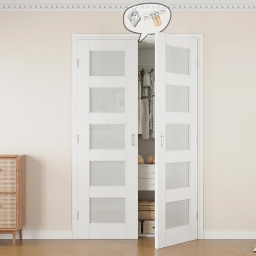 48x80 Interior French Door,5-Lite Frosted Glass Doors,DIY Prehung Room Door | Prefinished & Paintable Double Doors with Ball Catches & Hinges & Handles,Tempered Frosted Glass,Interior Swing Closet Door - color: 5 Panel Frosted Glass, size: 48" x 80"