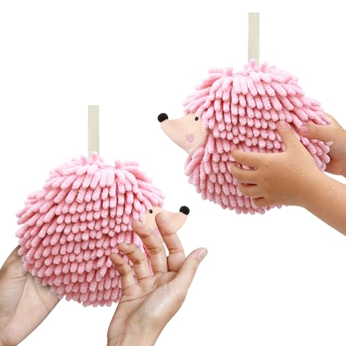 Hedgehog Shape Hanging Ring Hand Towels, 2-Pack, Pink, Chenille Super Absorbent Quick-Dry Towels, Household Cleaning Cloths for Bathroom and Kitchen - color: Hedgehog(pink)