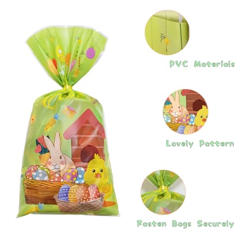 100 Pcs Easter Cellophane Treat Bags - 5 x 11 in Clear Candy Bags with 110 Gold Twist Ties for Kids - 2.8 Mil Thick Happy Easter Goodie Bags for Cookies, Snacks, Party Favors & Gift Packaging - color: Easter 100pcs