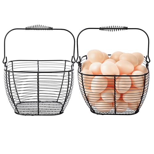 2 PCS 7" Black Wire Egg Baskets With Handle Kitchen Countertop Egg Holder | Small Metal Collecting Basket for Gathering Fresh Eggs, Chicken and Duck Eggs Hunting Basket & Counter Storage Basket - color: Black