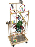 4-Tier Large Wooden Bird Playground with Wheels, Natural Wood Parrot Play Stand Birds Perch Stand Gym with Ladder Toy Accessories for Cockatiel Cockatoo Quaker