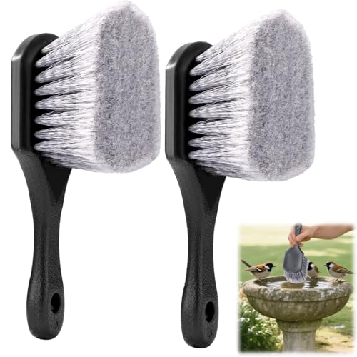 2 Pcs Brush for Bird Baths, Hard Bristle Brush Gray Stiff Bristle Cleaning Brush Bird Bath Cleaner with Hook Plastic Handle for Bird Feeder Bath Feeders