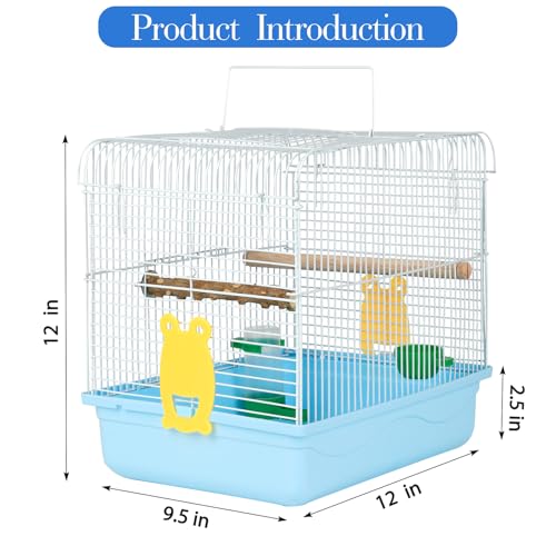Small Bird Cage for Travel, Parrot Carrier with Handle 9.5"L x 12"W x 12"H | Sturdy, Easy to Clean & Install, Birdcages with Trays, Standing Perch, Feeder Cups for Smaller Birds Lovebird Parakeets, Blue - color: Blue