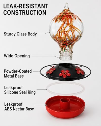 Hummingbird Feeder for Outdoors, 34 oz Hand-Blown Glass Bird Feeders | Unique Garden Gift, Decorative Inner Glass Humming Bird Feeder with Ant Moat Hook, Bee Guard Ports, Brush, Sunset Red - color: A Sunset Red