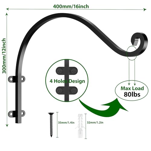 8 Pack Heavy Duty Plant Hanger Bracket 16Inch Hanging Brackets for Outdoor | 80lbs Holding Capacity Outdoor Hanging Brackets Metal Plant Wall Hook Black Hanging Plant Hanger for Flower Wind Bird Feeder - size: 16Inch-8PCS