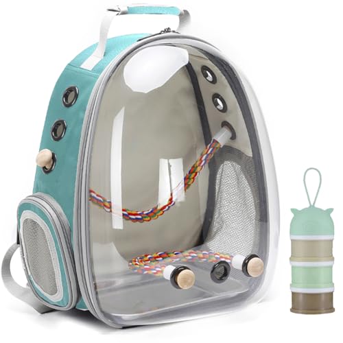 Bird Traval Carrier Cage, Clear Space Capsule Astronaut Backpack to Carry Parakeet Cockatiel Parrot with Metal Tray Bird Feeder Wood Perch, Vet Transport School Bag - color: Green