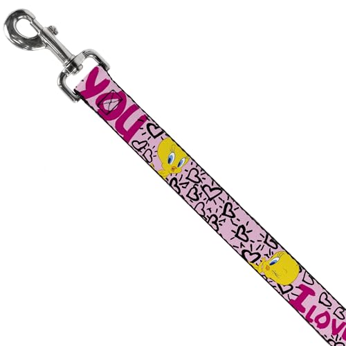 Looney Tunes Dog Leash | Tweety Bird I Love You Pink Black Durable Stylish For Walks - size: 6 Feet Long - 1" Wide