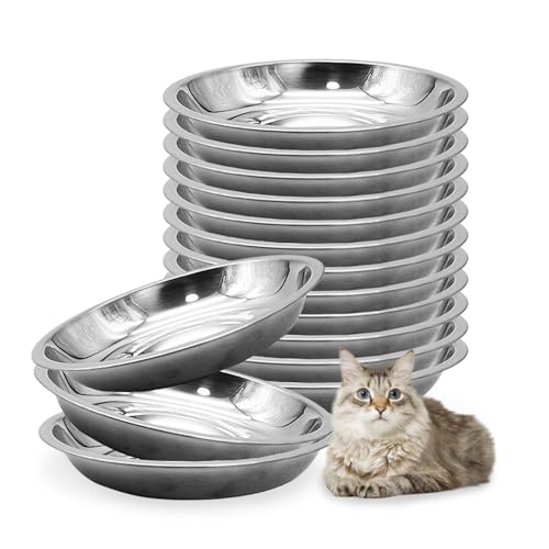 Hamiledyi 12 Pcs Stainless Steel Cat Bowls Shallow Metal Pet Dishes Large Cat Feeding Plate Replacement Whisker Fatigue Kitten Food Bowl for Dogs Cats and Other Small Animals (8.67 Inch Diameter)