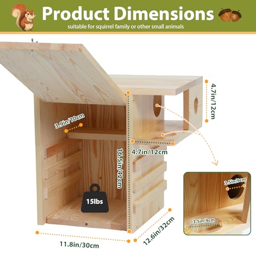 Extra Large Squirrel House for Outside, Squirrel Box with Predator Guard | Pine Wood Squirrel Nesting Box Outdoor, with Exterior Porch for Backyard Tree, Suitable for Squirrel Family, Easy to Assemble - size: Extra Large: 12.6"wide