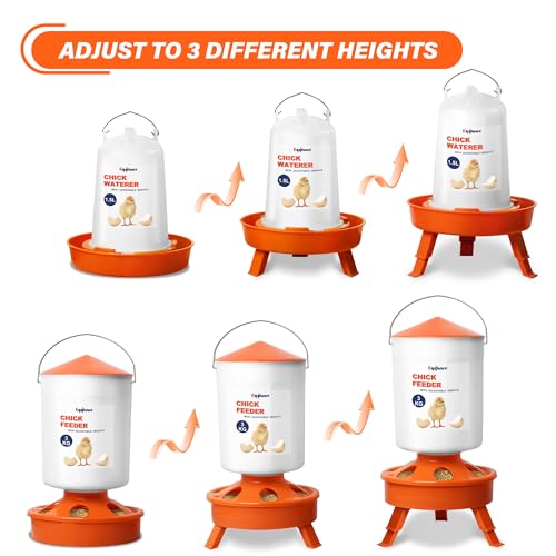 Eggluuz Chick Feeder and Waterer Set, Top Fill 3kg Chick Feeder and 1.5L Chick Waterer with 3 Adjustable Heights