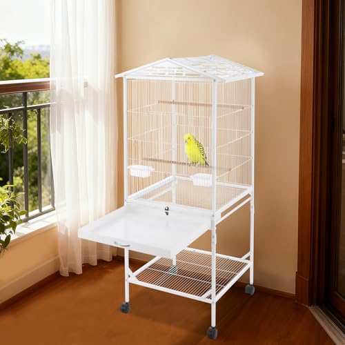 Bird Cage, 18.11 x 18.11 x 49.21 Inch Mobile Bird Flight Cage Large Metal Parakeet Cage w/Slide-Out Tray & Storage Shelf for Budgerigars Lovebirds Kea Parrots & Sun Conures - color: White, size: 18.1"L x 18.1"W x 49.2"H