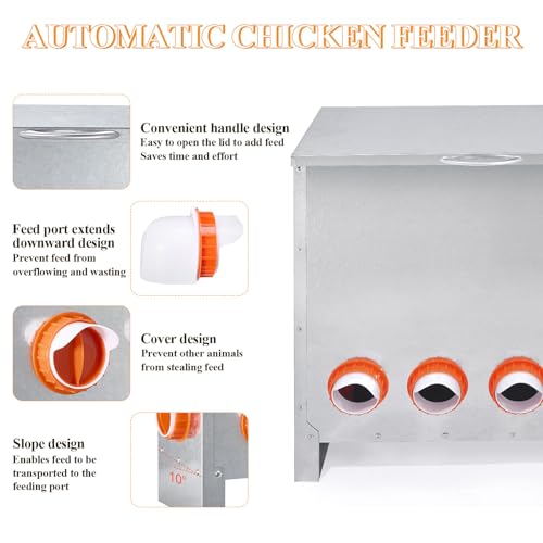Automatic Chicken Feeder Large Capacity Metal Poultry Feeder 85lbs 6-Ports - color: 85lb with 6 Ports