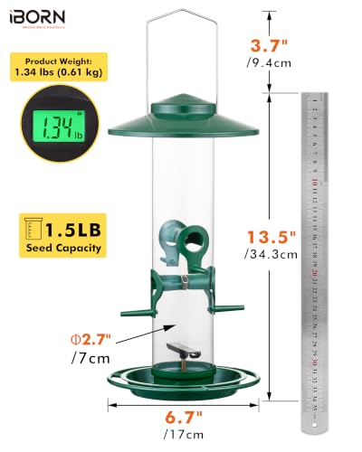 iBorn Bird Feeders for Outdoors, 1.5LB Metal Bird Feeders 17cm Large Roof &Tray, 4 Feeding Ports, Green Finish - color: Green, 2LB, 4 Ports