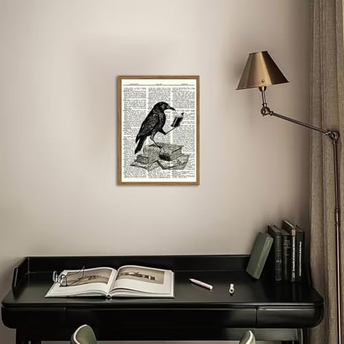 Funny Black Crow Reading Books Wall Art Vintage Raven Wall Decor Picture Dark Academia Animal Poster Canvas Print for Bedroom Living Room 12x16 inch Wood Framed - color: Animal -P, size: 16"L x 12"W