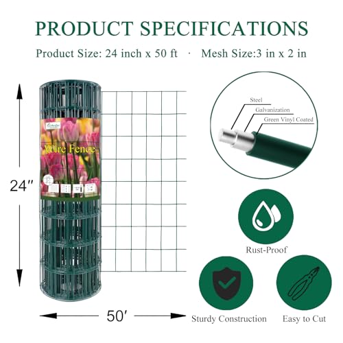 Green PVC Coated Welded Wire Fence 24" x 50' Roll, 2"x3" Mesh, 16 Gauge | Vinyl Coated Garden Fencing, Yard & Pet Barrier, Chicken Wire Fencing, Dog Enclosure Mesh, Vegetable Plant Protector - color: Green, size: 2''x3'' 16GA 24''x50'