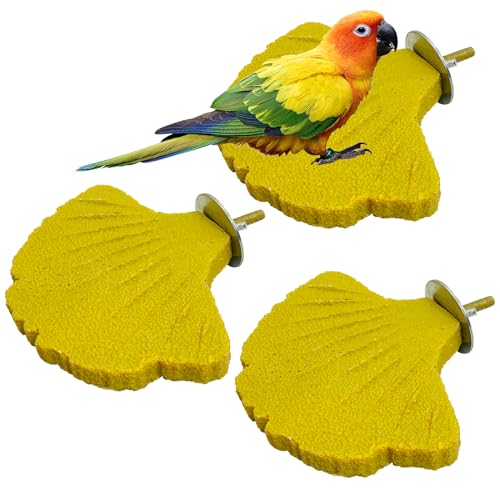 3 Pcs Parrot Perch Resin Bird Beak Grinding Stone Leaf Shape Perch Stand Foot Clawing Trimmer Bird Cage Accessories for Cockatiels Conures Budgies Lovebirds (Yellow) - color: Yellow, size: Ginkgo leaves
