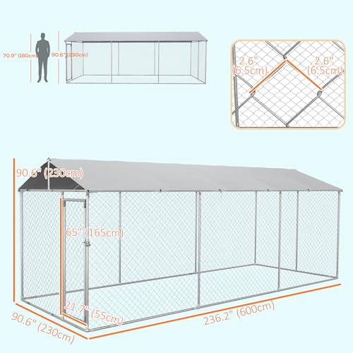 PawHut Outdoor Dog Kennel for Large Breeds 20' x 7.5' x 6.5' | Heavy Duty Dog Run Outdoor Fence, Waterproof Cover, Galvanized Chain Link, Secure Lock, for Chickens, Ducks - size: 236.2"L x 90.6"W x 78.7"H