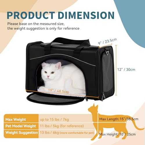 Petsfit Two-Way Placement Pet Carrier Airline Approved, Cat Carriers for Kittens, Puppies,Rabbit,Hamsters, Washable,Black - color: Black, size: 19.0"L x 9.5"W x 12.0"H