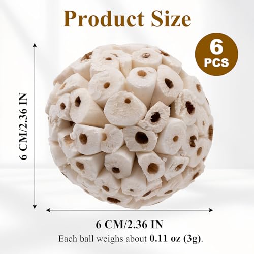 6PCS Natural Sola Balls Bird Chew Toys 2.36", Soft Shredding Biting Toy for Parakeets, Cockatiels, Budgies, Conures, Lovebirds & Small Pets