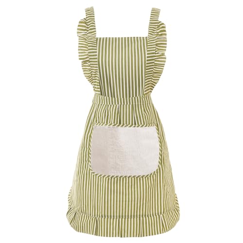 Cute Cotton Apron for Women, Adjustable Bib Cooking Kitchen Aprons with Pockets for BBQ Drawing Baking - color: Green Striped