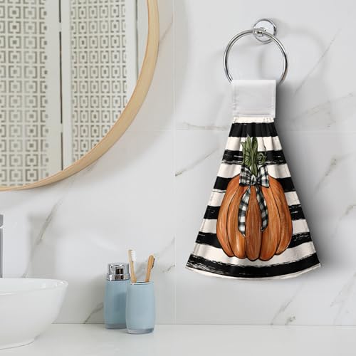 Fall Pumpkin Maple Leaves Kitchen Towels with Hanging Loop Autumn Thanksgiving Stripe Hand Tie Towels Soft Absorbent Fingertip Bath Towel Oven Stove Dish Washcloths Set of 2 - color: Fall Stripe