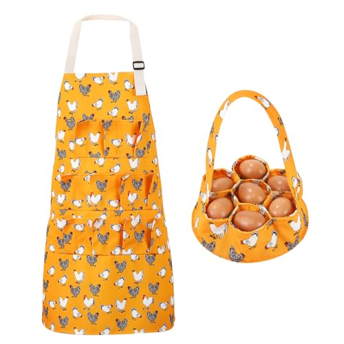 Egg Collecting Apron and Basket, 12 Pouches Chicken Egg Apron, 7 Pouches Chicken Eggs Basket, Collector Chicken Eggs - color: Yellow Flower Chicken, Full-body